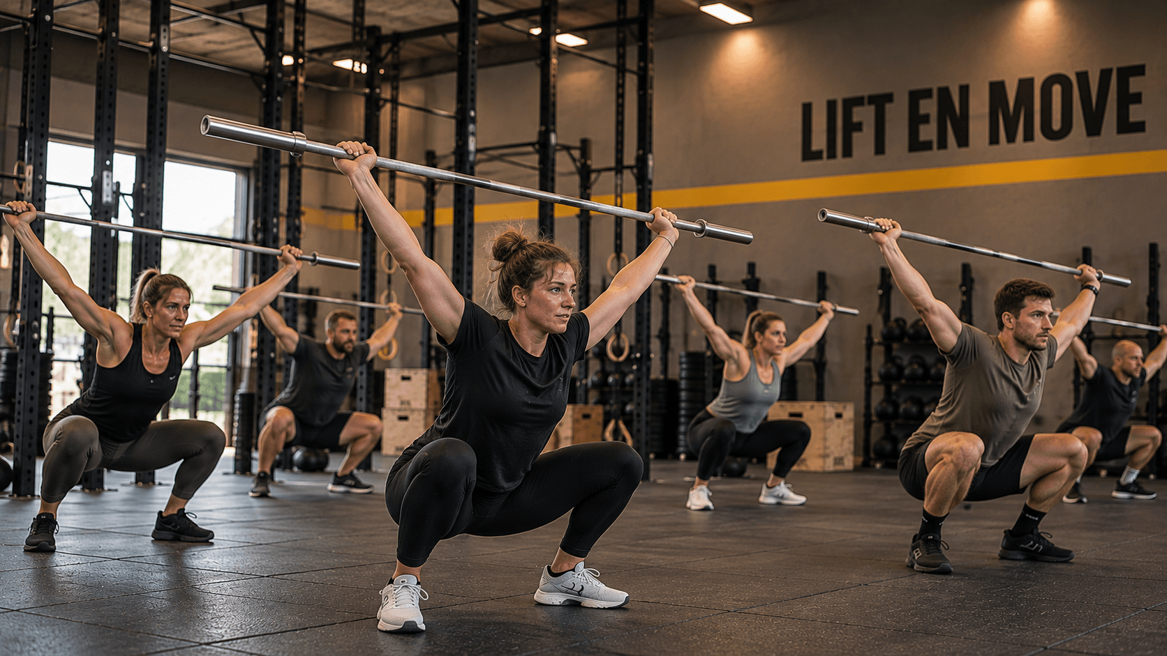 CrossFit – training groep met barbell overhead squat bij Lift en Move